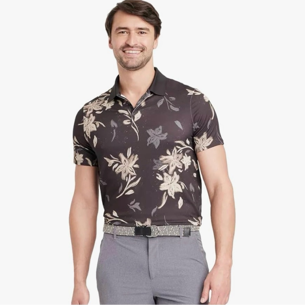 All in Motion Black Floral Polo Shirt Hawaiian casual mens size L golf